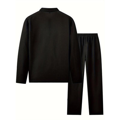 KZZ Men's solid color checkered casual suit, including long sleeved collar shirt and drawstring pants