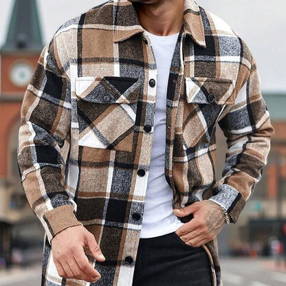 KZZ Men's plaid check long coat, with a buttoned lapel, loose fit