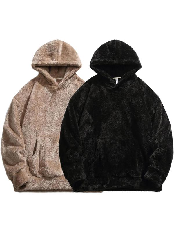 KZZ Men's Solid Pocket Long Sleeve Fuzzy Hoodie