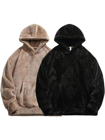 KZZ Men's Solid Pocket Long Sleeve Fuzzy Hoodie