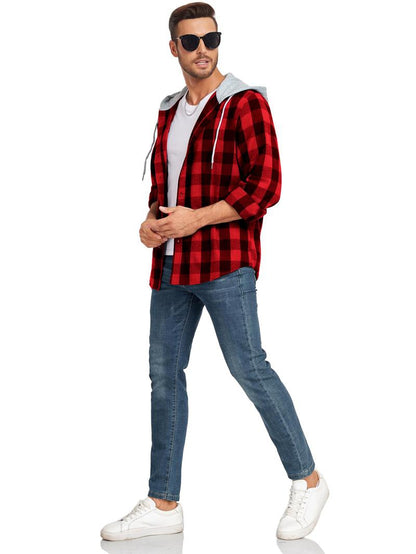 KZZ Plaid Patchwork Button Front Hooded Jacket