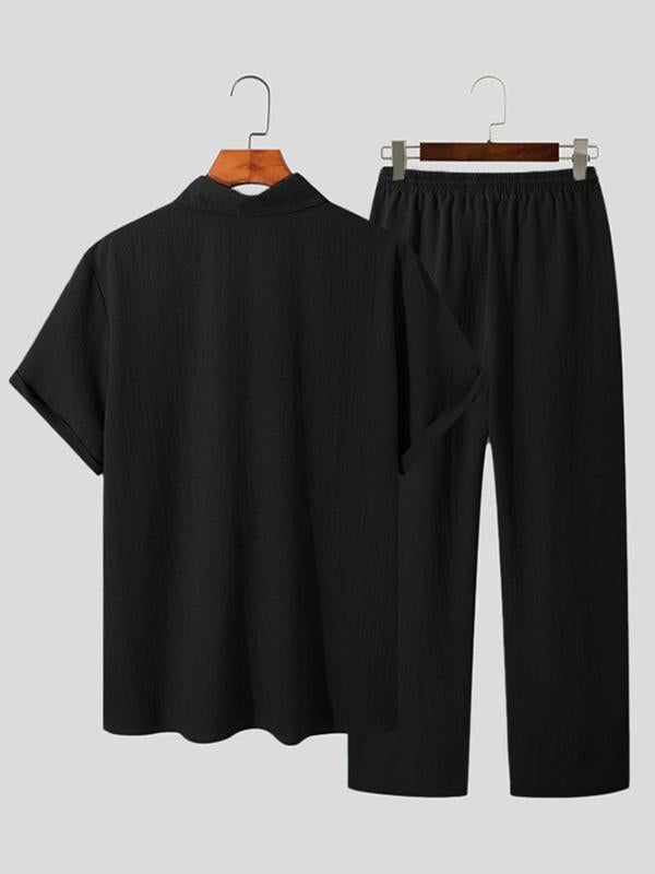 KZZ Summer Men's Textured Shirt and Tie Waist Suit Casual Suit