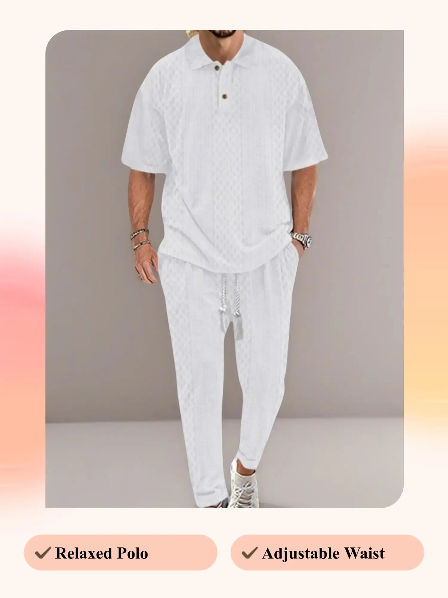 KZZ Men's Textured Drop-Shoulder Collar T-Shirt Two-Piece Set