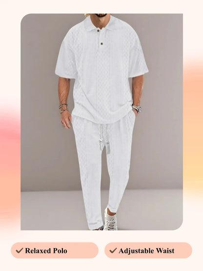 KZZ Men's Textured Drop-Shoulder Collar T-Shirt Two-Piece Set