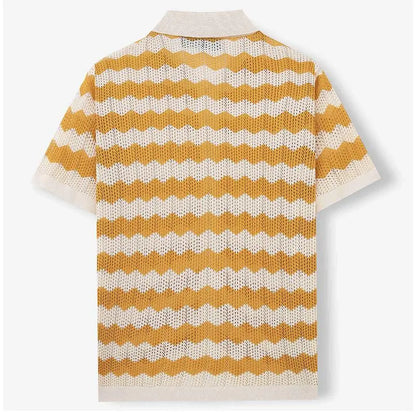 KZZ Men's Retro Hong Kong Style Wavy Open-Knit Polo Shirt