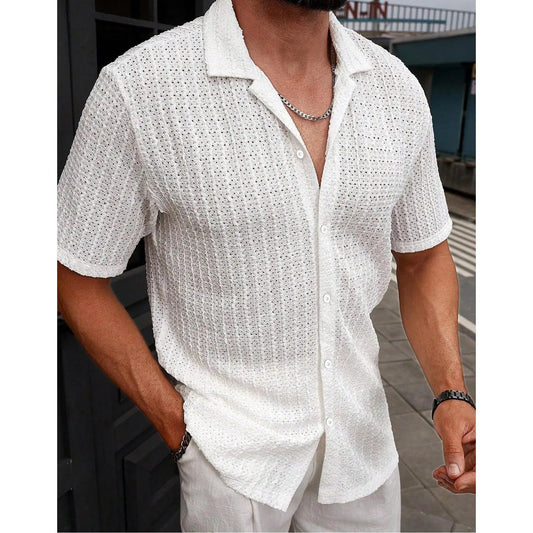 KZZ Men's casual striped short-sleeved shirt