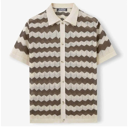 KZZ Men's Retro Hong Kong Style Wavy Open-Knit Polo Shirt