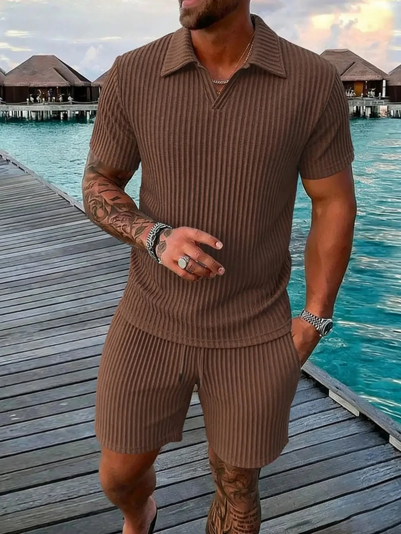KZZ Short-Sleeve V-Neck Polo Top and Shorts Set