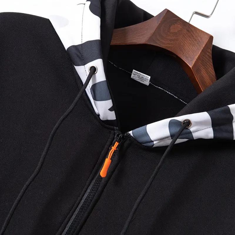 KZZ Stitching Hooded Men's Fashion Camouflage American Vintage Zipper Sweater