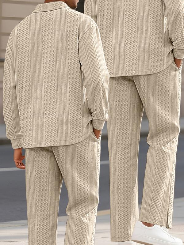 KZZ Men's Textured Long Sleeve Polo Shirt & Drawstring Pants Set