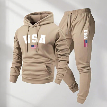 KZZ Men's USA Letter Printed Hoodie and Drawstring Sweatpants Set
