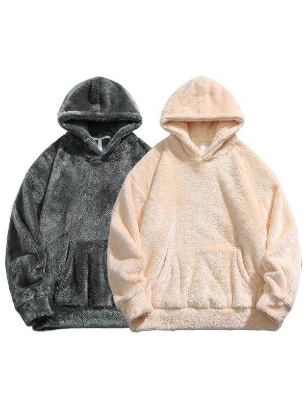 KZZ Men's Solid Pocket Long Sleeve Fuzzy Hoodie