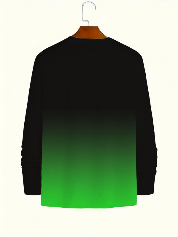 KZZ Men's Casual Long Sleeve T-Shirt, Gradient Color Round Neck, Letter Print Design