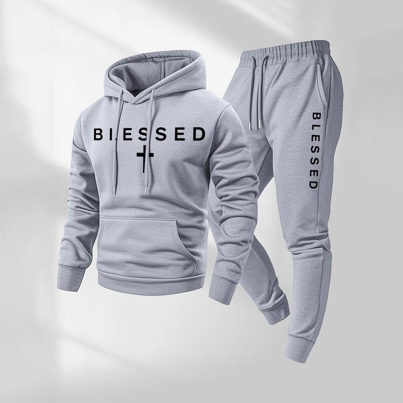 KZZ Men's Blessed Cross Letter Pattern Print Hoodie and Drawstring Sweatpants Set