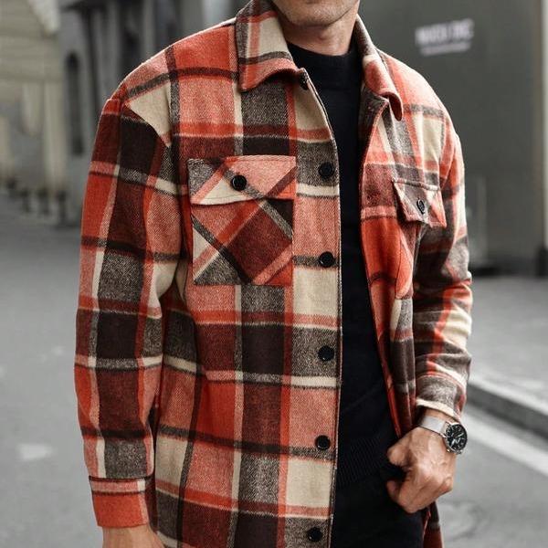 KZZ Men's plaid check long coat, with a buttoned lapel, loose fit