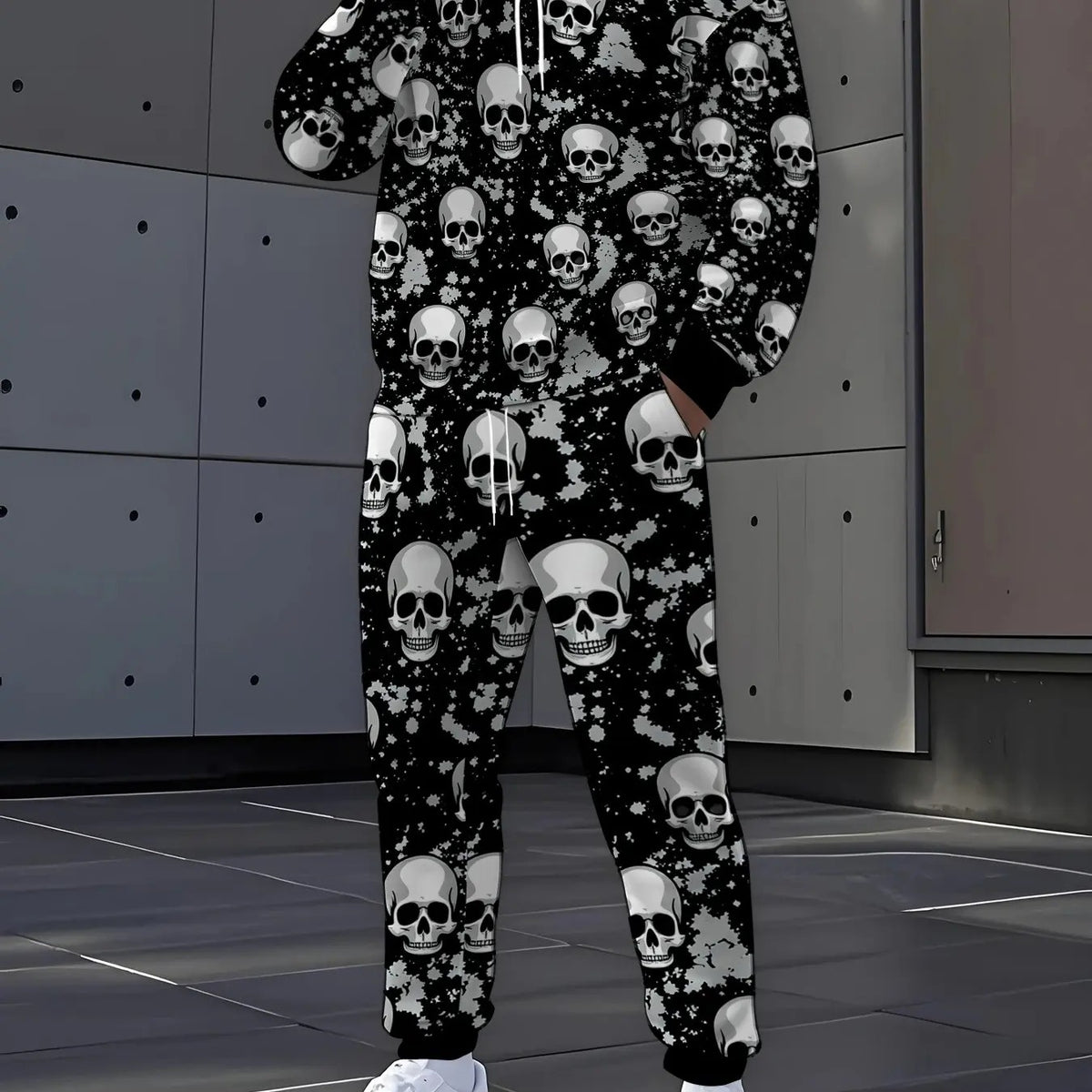 KZZ Men's Halloween Skull Print Hoodie and Pants Set