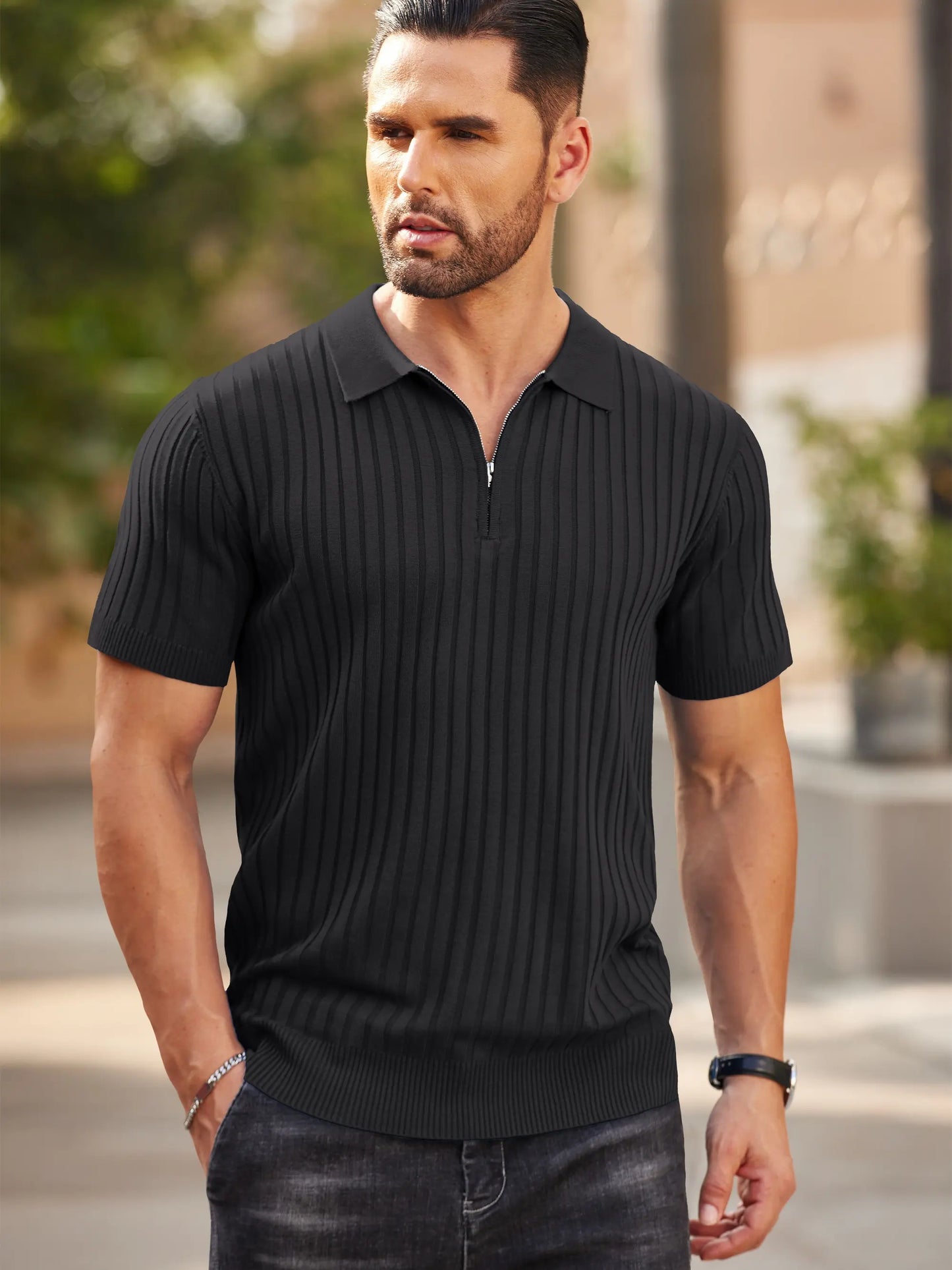 KZZ Men's Knitted Short-Sleeve Polo Shirt
