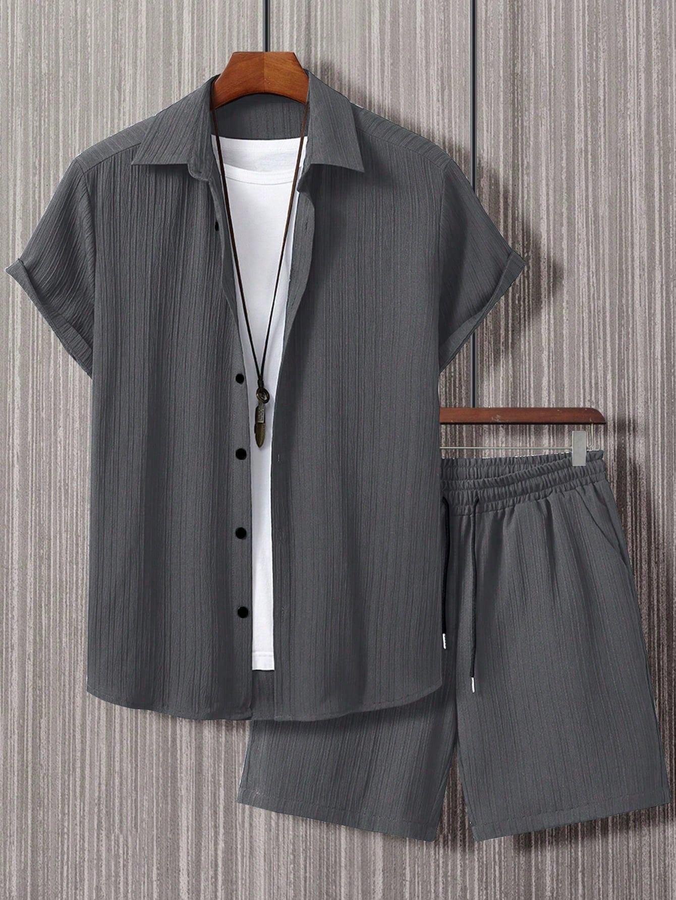 KZZ ultra-large size texture shirt and tie waist shorts summer set