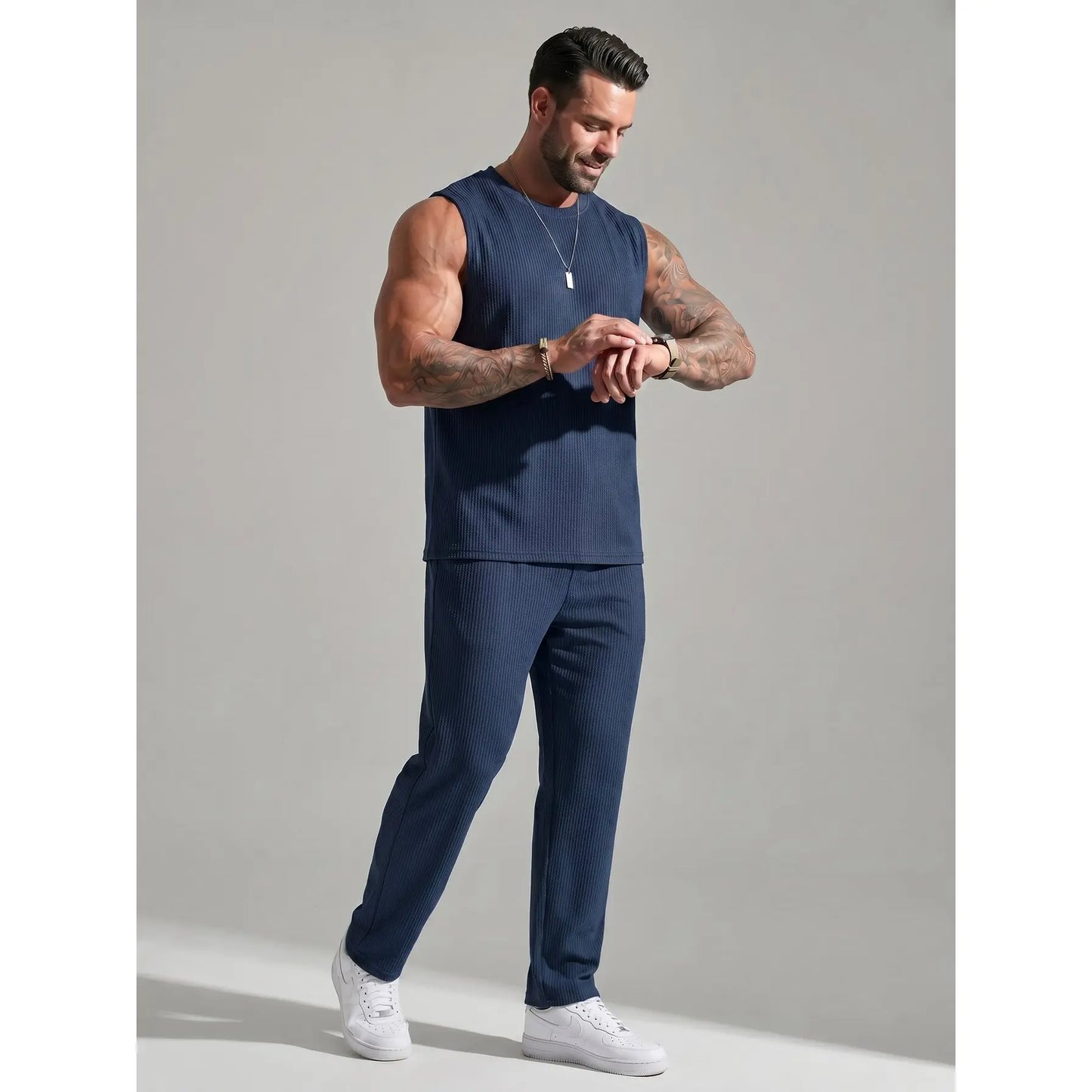 KZZ Men's Ribbed Knit Two-Piece Set