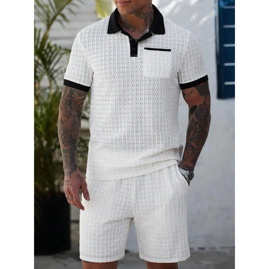 KZZ Men's Summer Cutout Color-block Short-Sleeve T-Shirt and Shorts