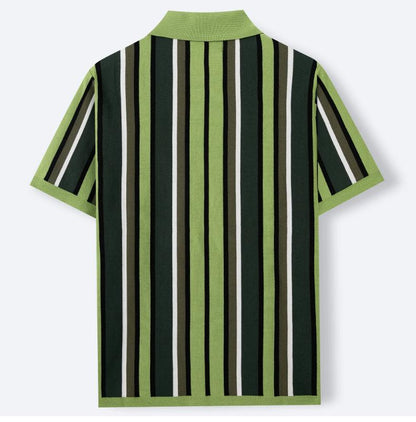 KZZ Men's Summer Casual Knitted Cardigan-Style Polo Shirt — Short Sleeve, Turn-down Collar, Striped
