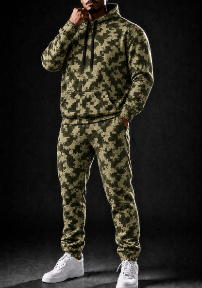 KZZ Men's Pixel Camouflage Hooded Tracksuit Two-Piece Casual Sportswear