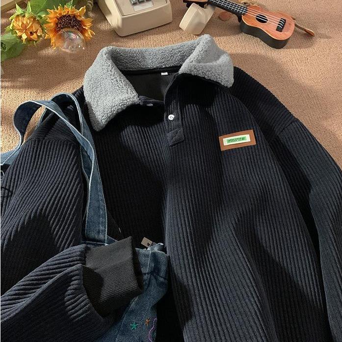 KZZ Corduroy Polo collar sweater couple autumn and winter style plus