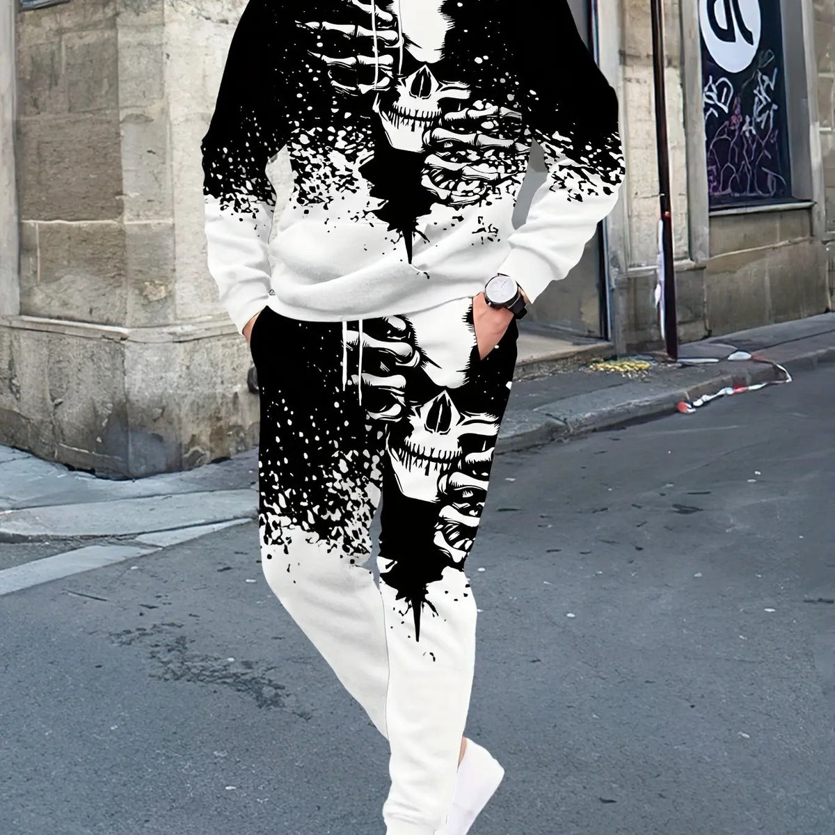 KZZ Men's Halloween Skull Print Hoodie and Pants Set