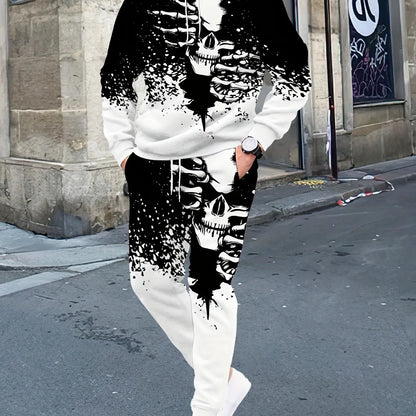 KZZ Men's Halloween Skull Print Hoodie and Pants Set