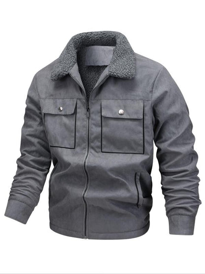 KZZ Men's Solid Pocket Zipper Fleece Jacket