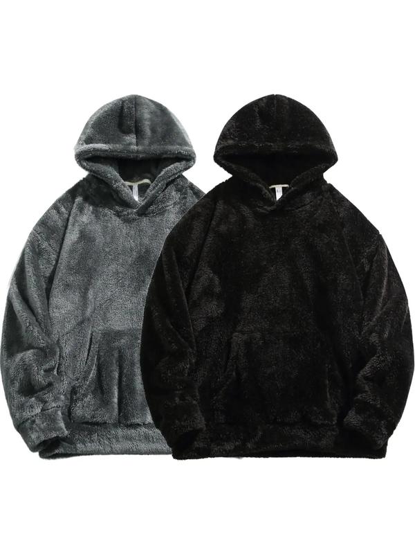 KZZ Men's Solid Pocket Long Sleeve Fuzzy Hoodie