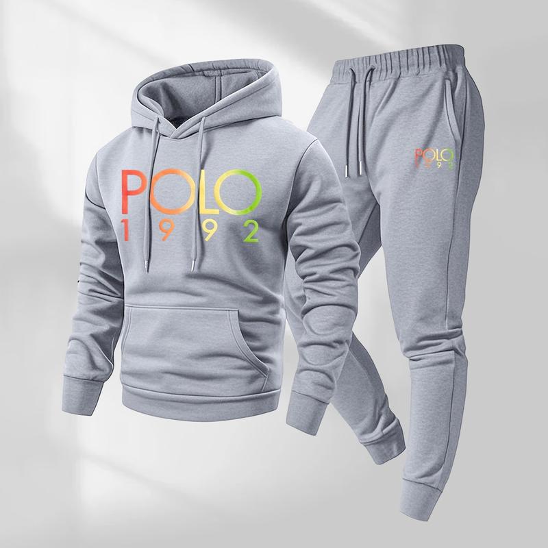 KZZ Men's Polo Pattern Print Hoodie and Drawstring Sweatpants Set