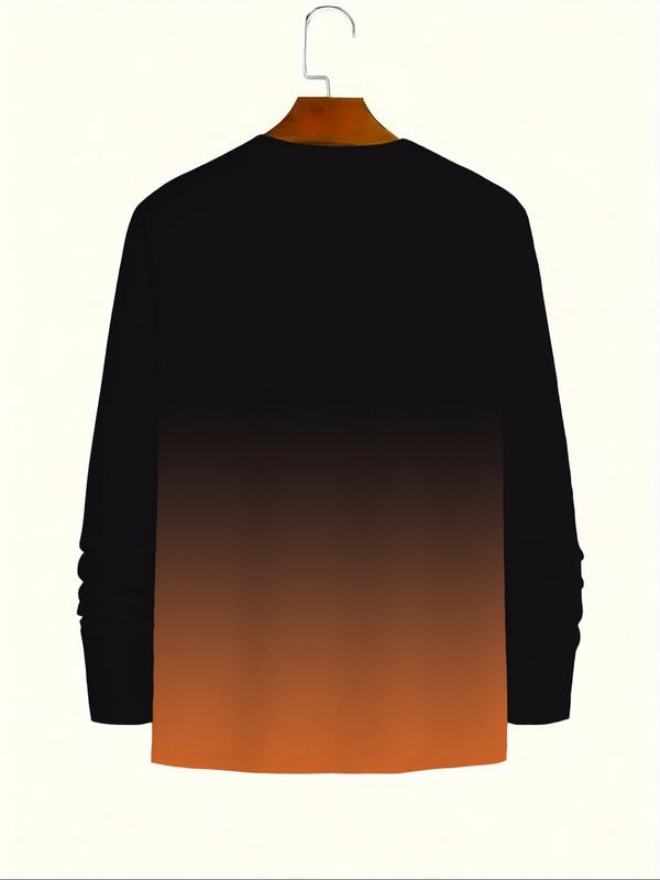 KZZ Men's Casual Long Sleeve T-Shirt, Gradient Color Round Neck, Letter Print Design