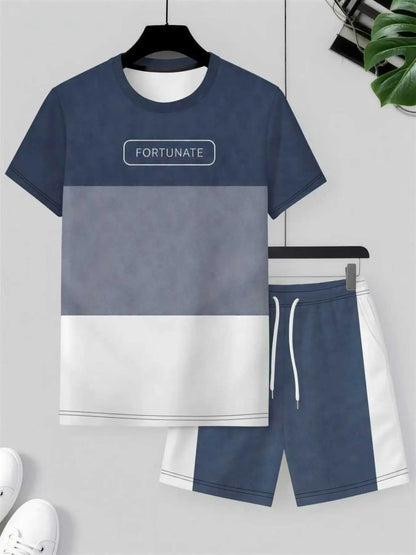 KZZ Men's Summer Color-Block Short-Sleeve T-Shirt and Athletic Shorts Set