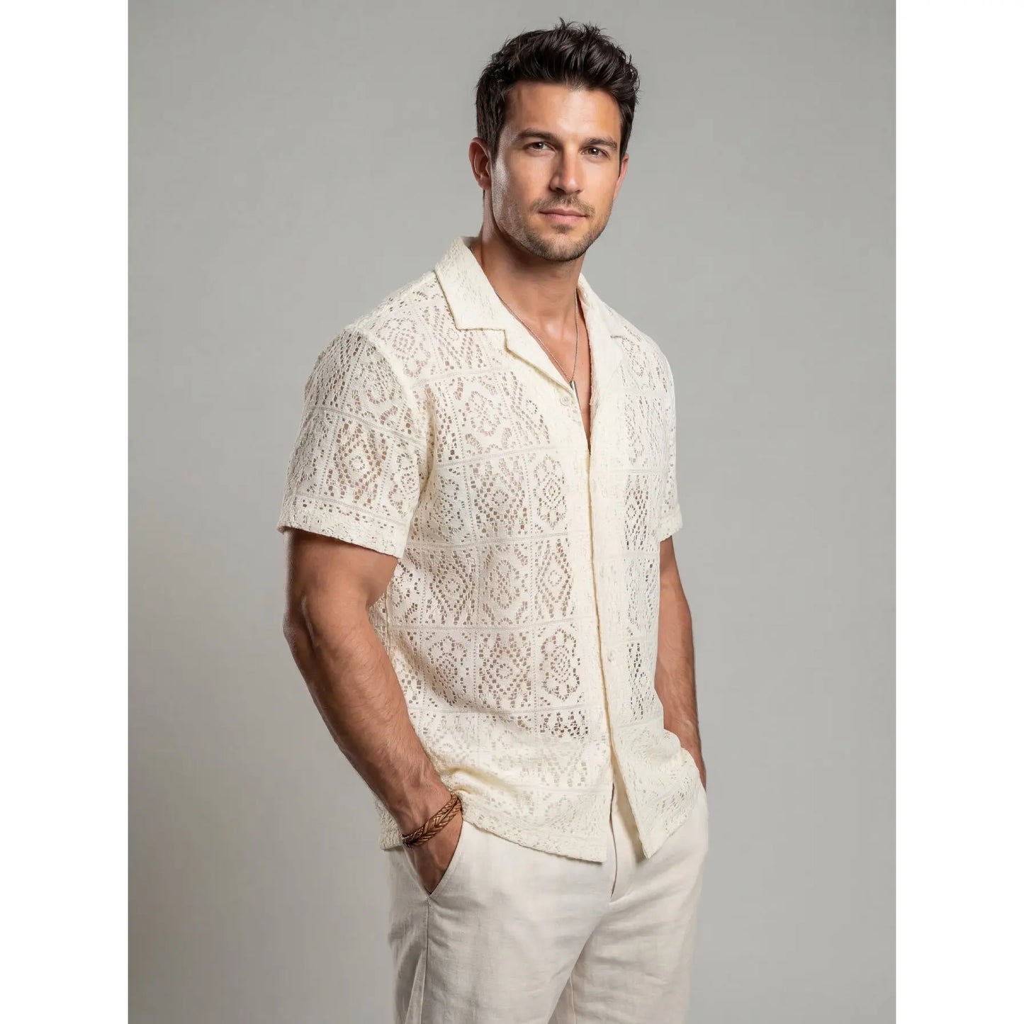 KZZ Men's slim-fit short-sleeved tie-front shirt