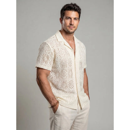 KZZ Men's slim-fit short-sleeved tie-front shirt