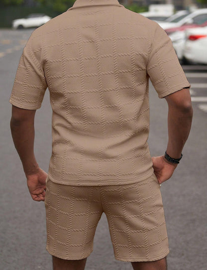 KZZ Men's Summer Solid-Color Stylish Casual Short-Sleeve Set