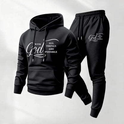 KZZ Men's Printed Hoodie and Drawstring Sweatpants Set