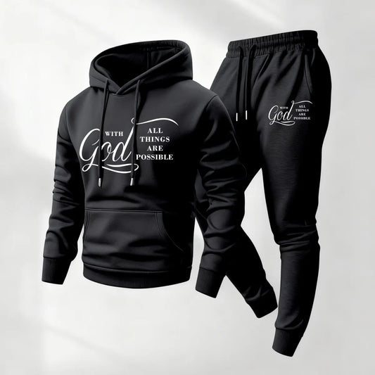 KZZ Men's Printed Hoodie and Drawstring Sweatpants Set