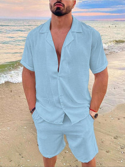 KZZ Men's Solid Color Shirt and Elastic Waist Shorts Set