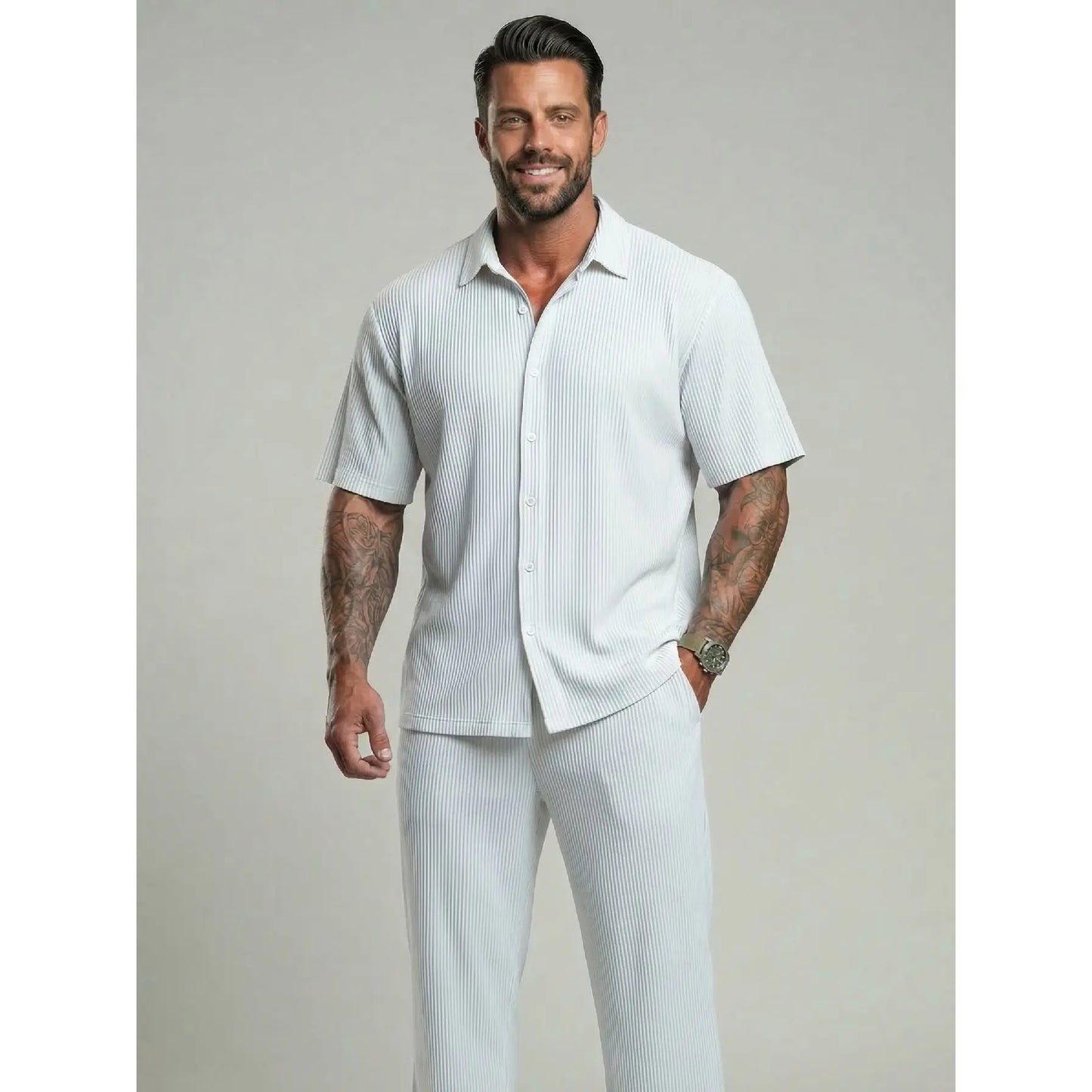 KZZ Solid-Color & Striped Short-Sleeve Two-Piece Set
