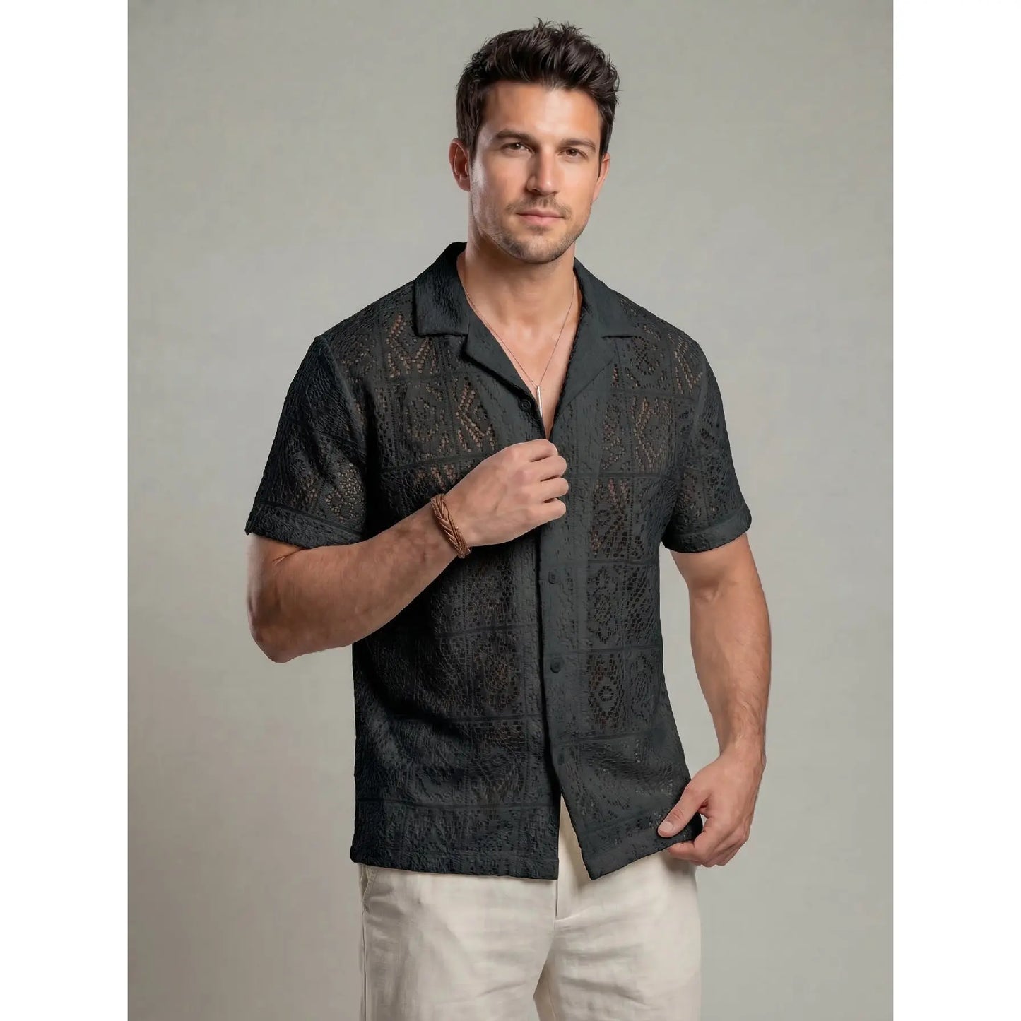 KZZ Men's slim-fit short-sleeved tie-front shirt