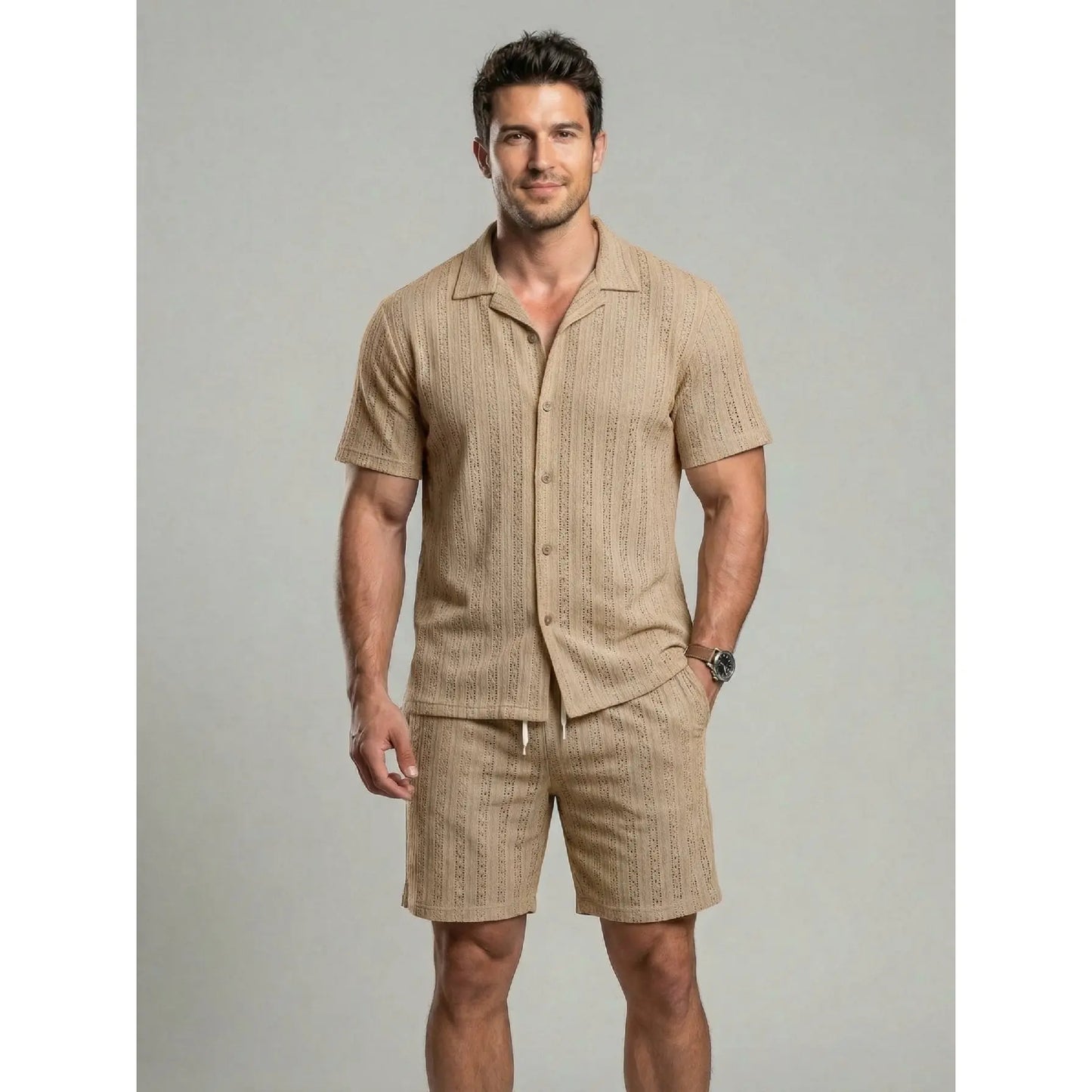 KZZ Men's openwork shorts, short-sleeved top and drawstring shorts