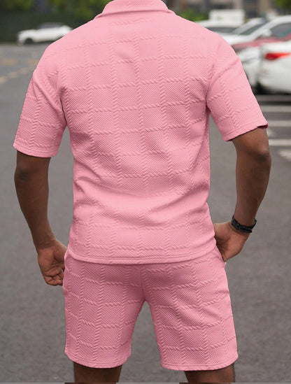 KZZ Men's Summer Solid-Color Stylish Casual Short-Sleeve Set