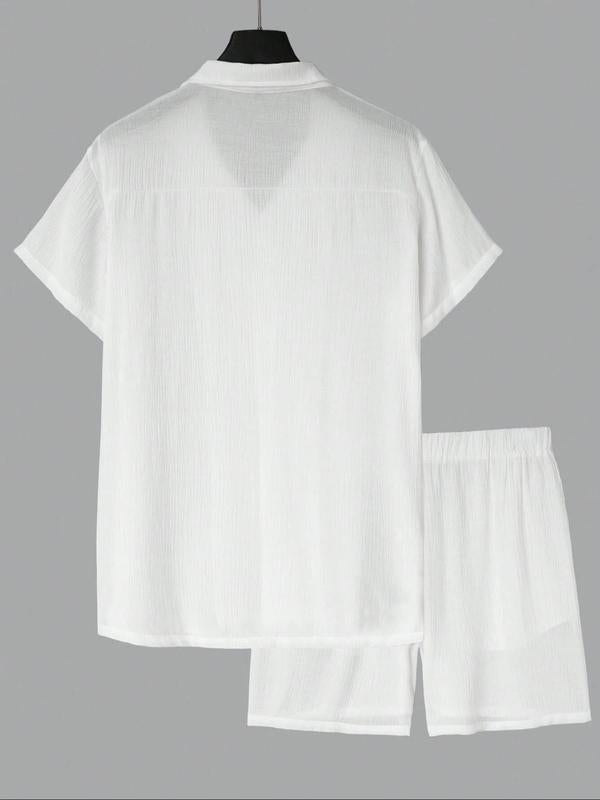 KZZ Men's Solid Color Shirt and Elastic Waist Shorts Set