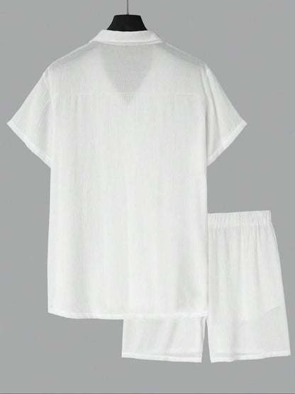 KZZ Men's Solid Color Shirt and Elastic Waist Shorts Set