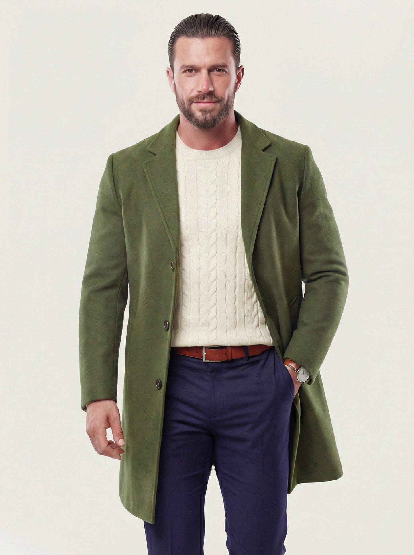 KZZ Men's Solid Button Front Lapel Neck Midi Coat Wear
