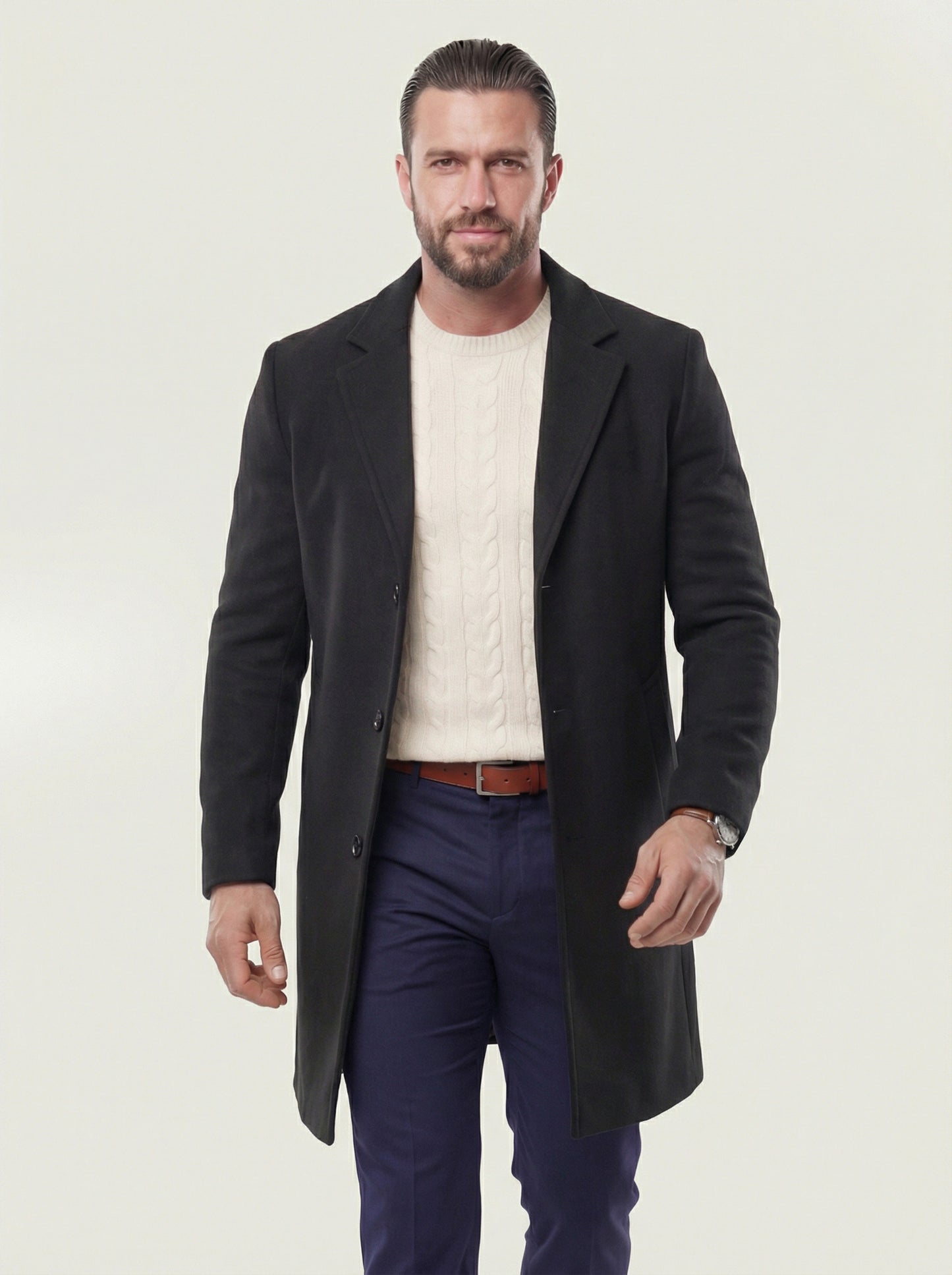 KZZ Men's Solid Button Front Lapel Neck Midi Coat Wear