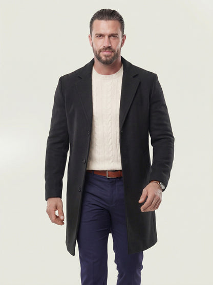 KZZ Men's Solid Button Front Lapel Neck Midi Coat Wear