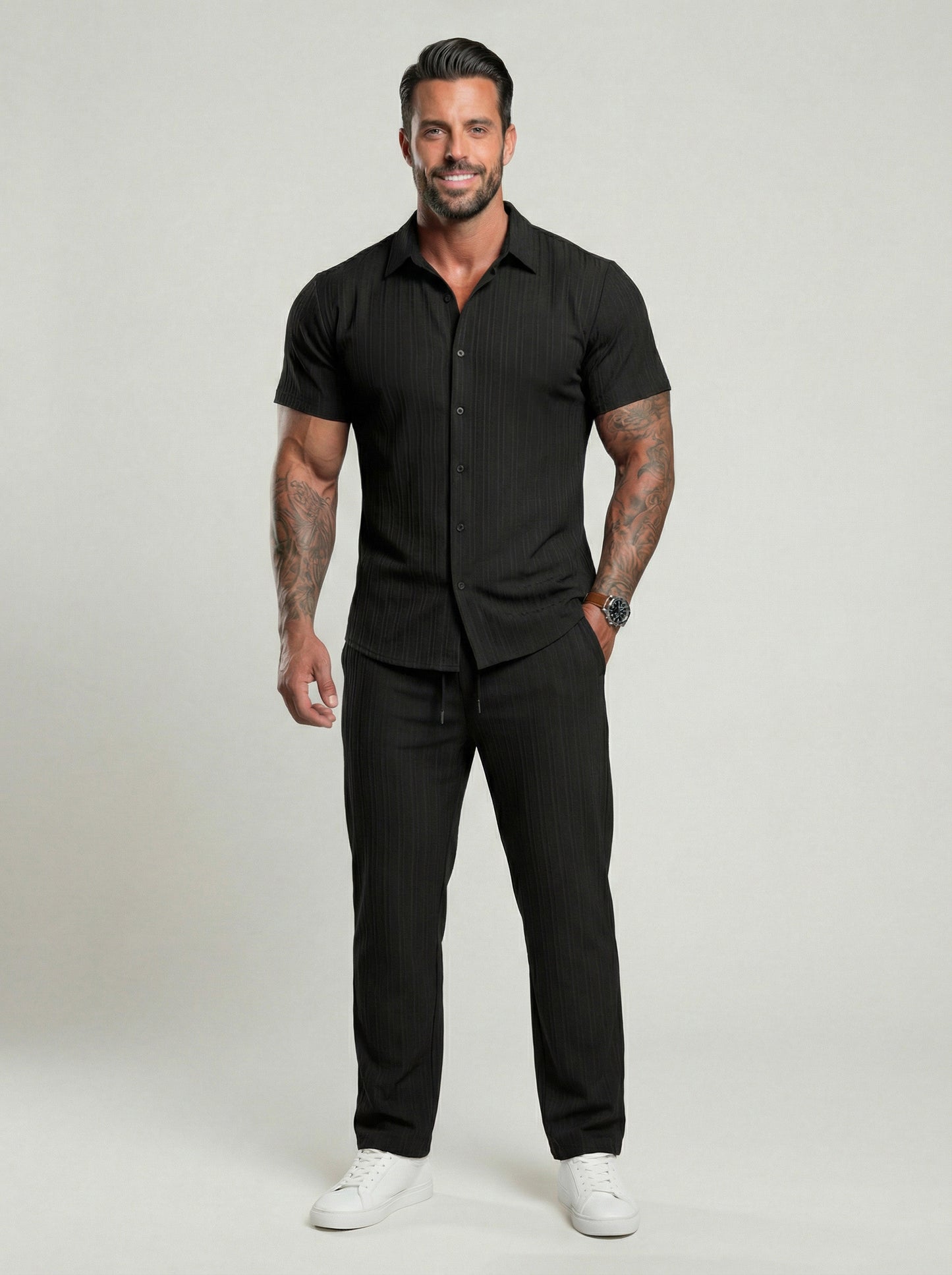 KZZ Men's Two-piece Suit Shirt and Elastic Waist Pants Set